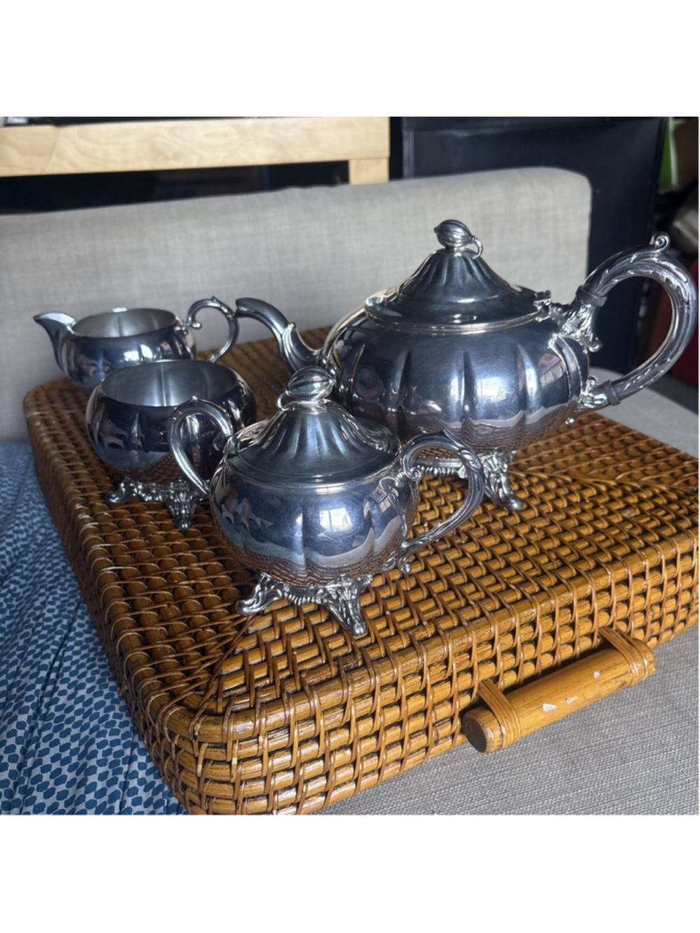 Vtg Sheffield EPNS Silver Plate Melon Tea St 4pc Teapot Creamer Sugar Waste Bowl